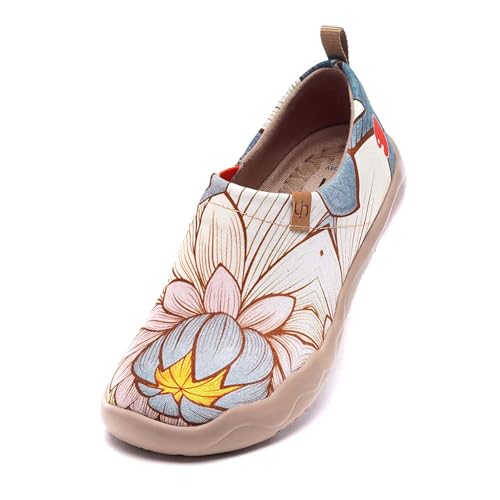 UIN Nelumbo Damen Blumen Lässige Lotus Wanderschuhe Leicht Loafer Schuhe Bemalter Reiseschuh Slip On Schuhe Canvas Blau(37.5) von UIN