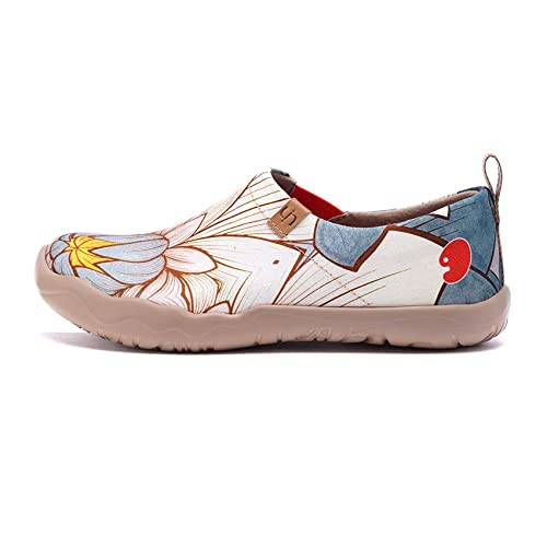 UIN Nelumbo Damen Blumen Lässige Lotus Wanderschuhe Leicht Loafer Schuhe Bemalter Reiseschuh Slip On Schuhe Canvas Blau(37.5) von UIN