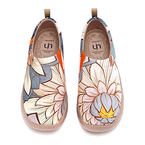 UIN Nelumbo Damen Blumen Lässige Lotus Wanderschuhe Leicht Loafer Schuhe Bemalter Reiseschuh Slip On Schuhe Canvas Blau(38.5) von UIN