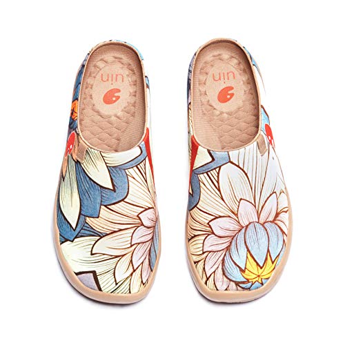 UIN Nelumbo Slipper Damen Lotus Hausschuhe Painted Slip On Schuhe Lässiger Meerjungfrau Fashional Sneaker Reiseschuhe Segelschuhe Canvas Blau（37.5） von UIN