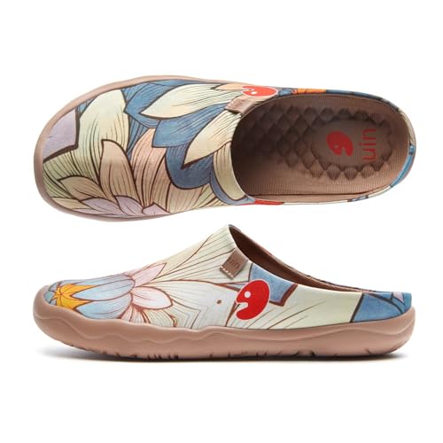 UIN Nelumbo Slipper Damen Lotus Hausschuhe Painted Slip On Schuhe Lässiger Meerjungfrau Fashional Sneaker Reiseschuhe Segelschuhe Canvas Blau（41） von UIN