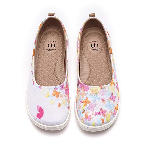 UIN Painted Butterflies Damen Schmetterling Ballerinas Lässige Wanderschuhe Leicht Loafer Schuhe Bemalter Reiseschuh Slip On Schuhe Canvas Weiß(39) von UIN