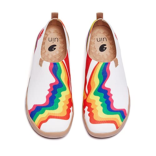 UIN Rainbow Love Herren Lässige Wanderschuhe Leicht Loafer Schuhe Bemalter Reiseschuh Slip On Schuhe Gestrickt Weiß(45) von UIN