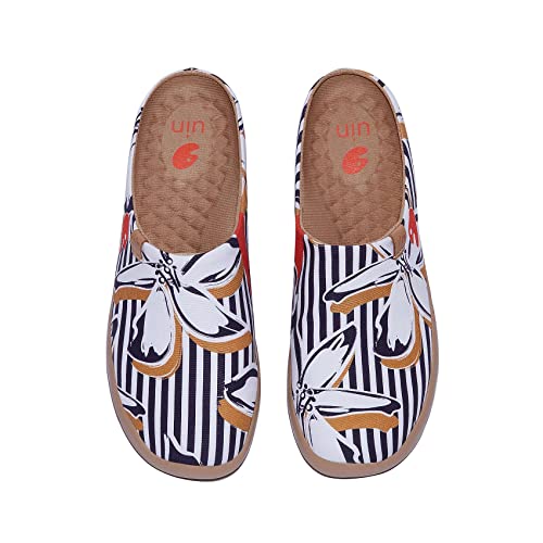 UIN Slipper Damen Hausschuhe Bequeme Reiseturnschuhe Mode gemalte Wanderschuhe Slip On Schuhe Malaga-Striped Flowers 2 (40) von UIN