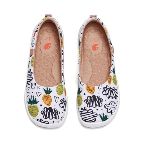 UIN Sweet Pineapple Damen Zitronensaft Geschlossene Ballerinas Bequeme Mode gemalte Wanderschuhe Slip On Schuhe Canvas Weiß(36) von UIN