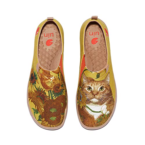 UIN x FatCatArt Collaboration Damen Slip Ons Leichtgewicht Lässige Loafer Wanderschuhe Bequem Kunstgemalte Reiseschuhe Toledo Ⅰ Sunflowers and Cat (38) von UIN