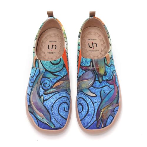 UIN Porpoise Damen Wanderschuhe Bemalte Delfin Slip On Schuhe Leicht Sneaker Schlupfschuh Gemütlich Reise Schuhe Canvas Blau（EU 37） von UIN