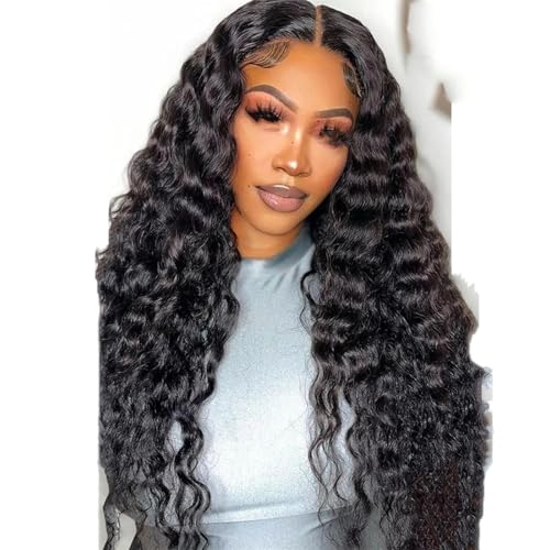 5X5 Tiefe Welle Wasser Welle Haar Glueless Perücke 4X4 Glueless Spitze Lockiges Menschliches Haar Frontal Perücken Für Frauen 180 40Inch#4x4 Precut Lace Wig von UIOKLMJH