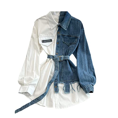 Damen Jeanshemd Mit Frühlingsnähten Hals Taille Revers Knopf Langarm Shirt von UIOKLMJH