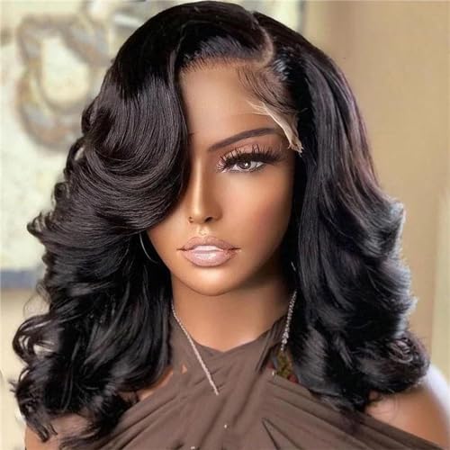 Echthaar Perücken Für Frauen Vorgezupfte Naturhaar Perücken Gewellt Kurze Bob Perücke Transparente Spitze 4x4 Lace Closure 10inches#180 Density von UIOKLMJH