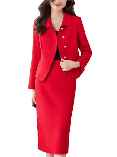 Eleganter Rock Passt Für Damen Langarm Blazer Und Hoch Taillierte Röcke 2 Teiliges Set Red Skirt Suit M von UIOKLMJH