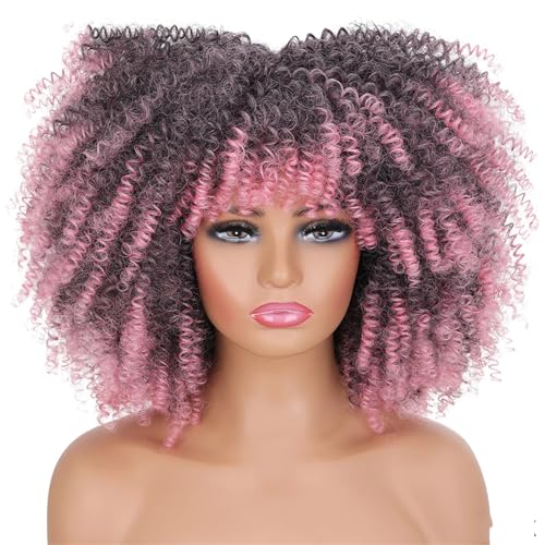 Frauen Kurze Haare Lockige Perücke Cosplay Synthetische Natürliche Perücken Leimlos 1B pink 16inches#1 PC von UIOKLMJH