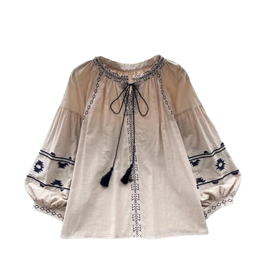 Frauen Vintage Elegante Stickerei Langarm Bluse Stilvolle Büro O Neck Casual Chic Hemd Apricot One Size von UIOKLMJH