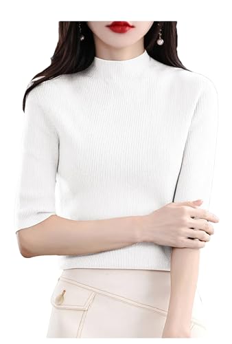 Frühling Sommer Frauen Halbarm Halbhoher Kragen Schlanker Wollmischungspullover Lässiger Klassischer Strickpullover T Shirt White L von UIOKLMJH