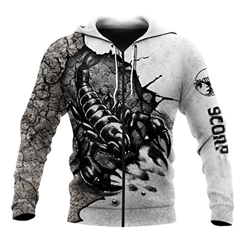 Herren Casual 3D Druck Schwarz Hoodies Skorpion Tattoo Mann Pullover Kapuze Sweatshirt Hip Hop Jacke Unisex Streetwear, Kapuzenpullover mit Reißverschluss, XL von UIOKLMJH