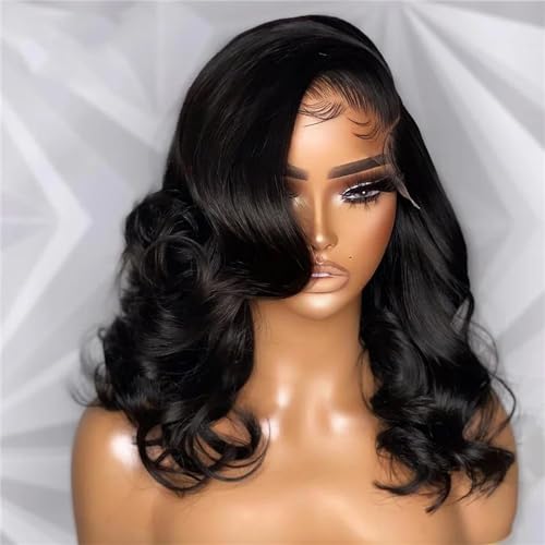 Körperwelle Kurze Bob Perücken Lockere Lockige Echthaar Perücke Gewellter Seitenteil Bob Perücken Für Frauen 13x4 Lace Frontal 12inches#180 Density von UIOKLMJH