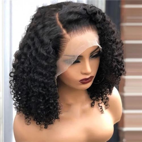 Lockige Bob Perücke Spitze Front Echthaar Perücken Für Frauen Transparenter Spitzenverschluss Kurze Perücke 13x4 Lace Frontal 16inches#180 Density von UIOKLMJH