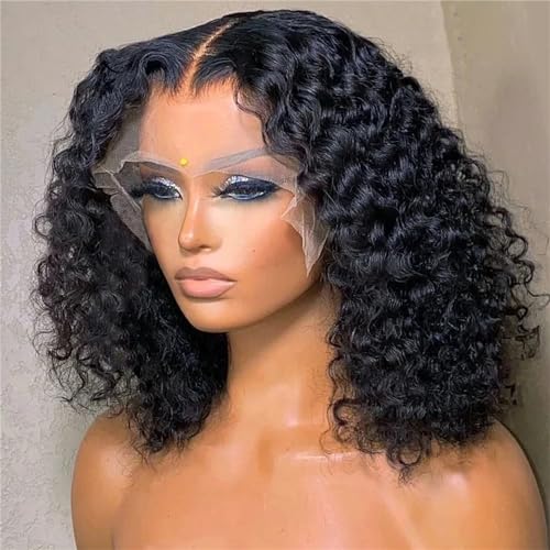 Lockige Perücke Echthaar Kurzer Bob Spitzenfront Echthaar Perücken Für Frauen Kurz Tief Lockig 2 13x4 Lace Frontal#8inches#180 Density von UIOKLMJH