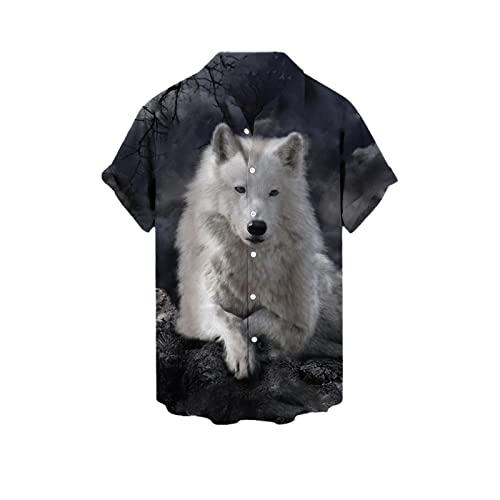 Mode Herren Tier Wolf Tattoo 3D Druck Kurzarm Hemd Hawaii Strand Rot Muster Freizeithemd, 158, S von UIOKLMJH