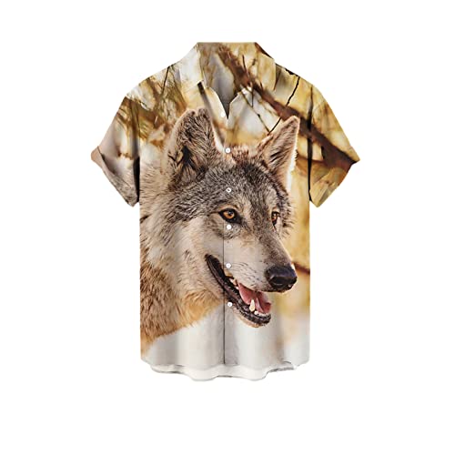 Mode Herren Tier Wolf Tattoo 3D Druck Kurzarm Hemd Hawaii Strand Rot Muster Freizeithemd, 165, 3XL von UIOKLMJH