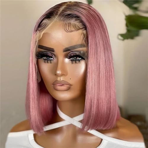 Ombre Bob Perücke Gerade Spitze Vorne Echthaar Perücken Für Frauen Kurze Bob Transparente Spitze Perücke Ombre pink 13 * 5 * 2#14inches#180 Density von UIOKLMJH