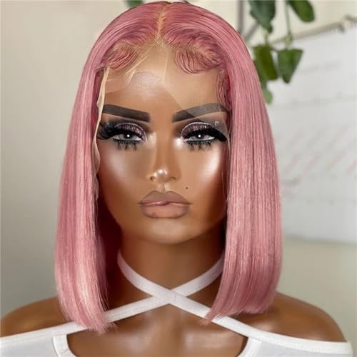 Ombre Bob Perücke Gerade Spitze Vorne Echthaar Perücken Für Frauen Kurze Bob Transparente Spitze Perücke pink 13 * 5 * 2#8inches#180 Density von UIOKLMJH