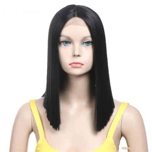 Synthetische Spitzeperücke Kurzer Bob Gerader Mittelteil Spitzenperücke Cosplay Perücken Für Frauen 1B PART LACE WIG#14inch von UIOKLMJH