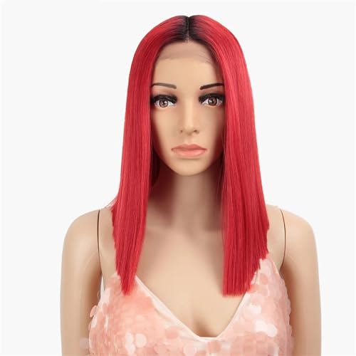 Synthetische Spitzeperücke Kurzer Bob Gerader Mittelteil Spitzenperücke Cosplay Perücken Für Frauen RT99A RED3 PART LACE WIG#14inch von UIOKLMJH
