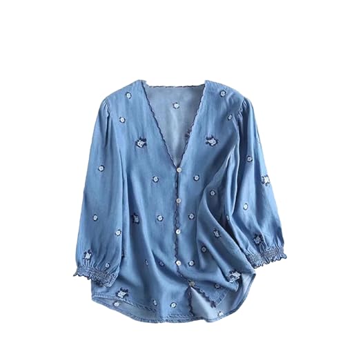 UIOKLMJH Damen Jeansbluse Mit Stickerei V Ausschnitt Weich Lässig Baumwolle Einreihig Sky Blue L von UIOKLMJH