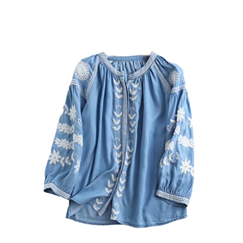 UIOKLMJH Damen Jeanshemd Mit Stickerei Frühling Sommer Lässig Mit Langen Laternenärmeln Jeansbluse von UIOKLMJH