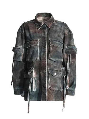 UIOKLMJH Damen Jeansjacken Mit Umlegekragen Patchwork Mehreren Taschen Batikmuster Und Knöpfen color L von UIOKLMJH
