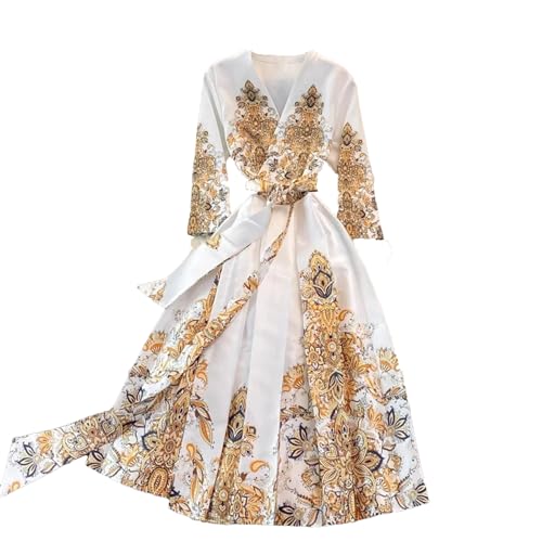 UIOKLMJH Damen Midikleid Mit Elegantem Druck Böhmischer Stil V Ausschnitt Schnürgürtel Midi Robe Partykleid Beige L von UIOKLMJH