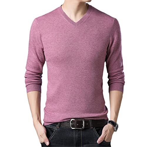 UIOKLMJH Herren Dünner Pullover Casual Wolle T Shirts Männlich V-Ausschnitt Einfarbig Pullover Slim Sweater Langarm, rose, XX-Large von UIOKLMJH
