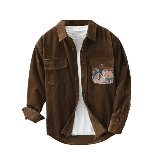 UIOKLMJH Männer Retro Outdoor Sport Langarm Hemd Casual Literarischen Lose Patchwork Hübsche Blusen Mit Tasche 6938 Coffee XL von UIOKLMJH