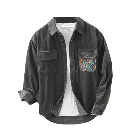 UIOKLMJH Männer Retro Outdoor Sport Langarm Hemd Casual Literarischen Lose Patchwork Hübsche Blusen Mit Tasche 6938 Gray M von UIOKLMJH