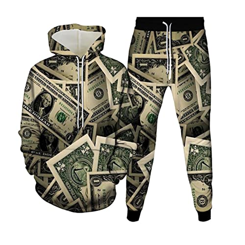 US Dollar Money 3D-Druck Herren Trainingsanzüge Damen Kapuzenpullover Sportbekleidung Hoodies + Jogginghose 2-teiliges Set Herbst Mode Kleidung, 2, XXXXL von UIOKLMJH