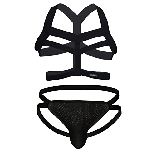 Sexy Dessous Für Männer Elastische Körper Brust Harness Jockstrap Dessous Set Schulter Brust Gürtel Mit G String, Schwarz, XX-Large von UIWFJEH