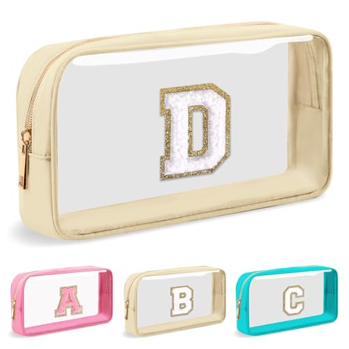 UIXIZQ Make-up-Tasche mit Initialbuchstaben, transparent, adrett, niedlicher Chenille-Buchstaben, Nylon-Kosmetiktasche, Reißverschluss-Tasche für Teenager, Mädchen, TSA-geprüft, Reise-Kulturbeutel, von UIXIZQ