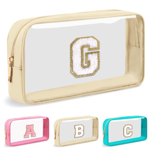 UIXIZQ Make-up-Tasche mit Initialbuchstaben, transparent, adrett, niedlicher Chenille-Buchstaben, Nylon-Kosmetiktasche, Reißverschluss-Tasche für Teenager, Mädchen, TSA-geprüft, Reise-Kulturbeutel, von UIXIZQ