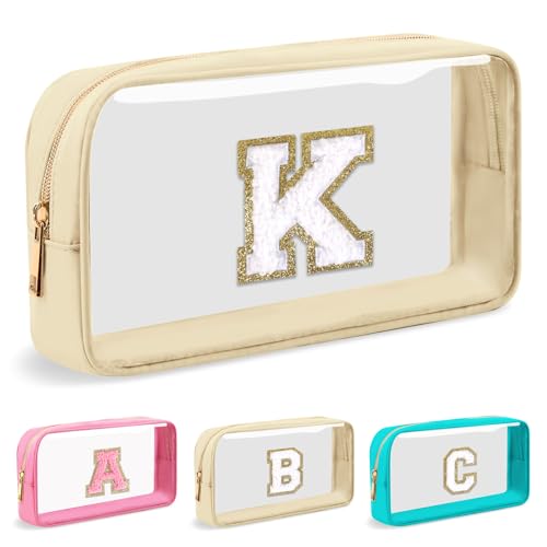 UIXIZQ Make-up-Tasche mit Initialbuchstaben, transparent, adrett, niedlicher Chenille-Buchstaben, Nylon-Kosmetiktasche, Reißverschluss-Tasche für Teenager, Mädchen, TSA-geprüft, Reise-Kulturbeutel, von UIXIZQ