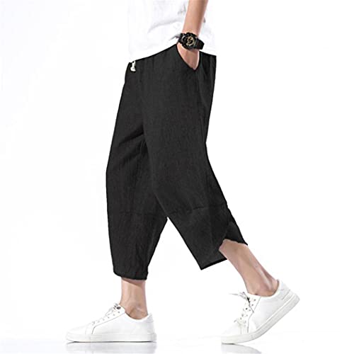 Men Hanfu Japanese Harajuku Wide-Leg Linen Pants Cotton Linen Cropped Trousers Plus Size 5XL Loose Summer Thin Pant Black L von UJDKCF
