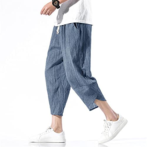 Men Hanfu Japanese Harajuku Wide-Leg Linen Pants Cotton Linen Cropped Trousers Plus Size 5XL Loose Summer Thin Pant Blue L von UJDKCF