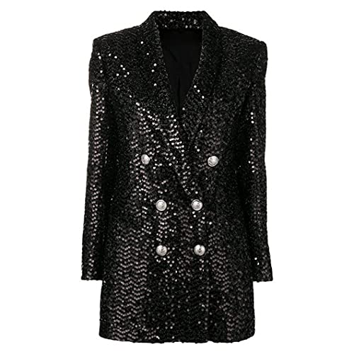 UJDKCF Frauen Silber Lion Knöpfe Schimmer Pailletten Lange Blazer Jacke L von UJDKCF