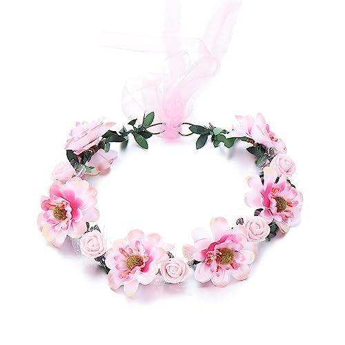 Blumenkranz Haare Kinder 1PC Rose Blumenkrone Frauen Stirnbänder mit verstellbarem Band Mädchen Blumenkranz Braut(Pink) von UJEDFHV