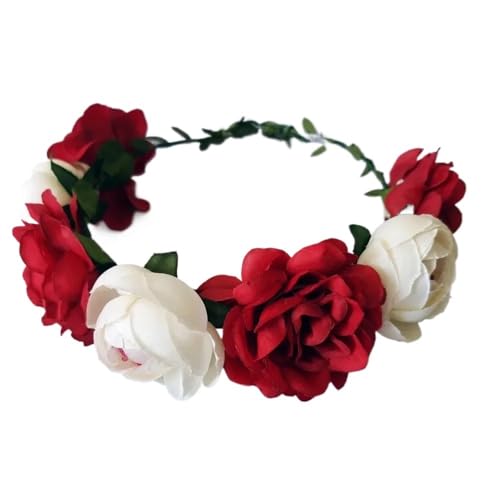 Blumenkranz Haare Kinder 8 farben Frau Haar Blume Krone Hochzeit Kranz Garland Mädchen Tuch Stirnband Rot Zubehör(Red white) von UJEDFHV