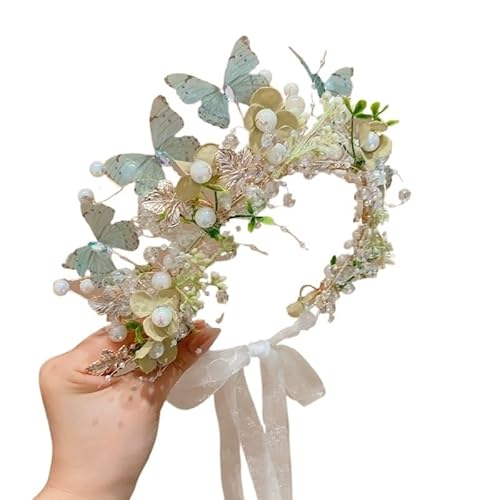 Blumenkranz Haare Kinder Rosa Schmetterling Perle Blume Stirnband fow Mädchen Kind Kranz Haar Hoop Stirnbänder Urlaub Party Zubehör Geschenk(A blue green) von UJEDFHV