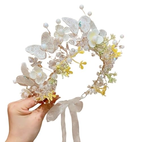 Blumenkranz Haare Kinder Rosa Schmetterling Perle Blume Stirnband fow Mädchen Kind Kranz Haar Hoop Stirnbänder Urlaub Party Zubehör Geschenk(A white) von UJEDFHV