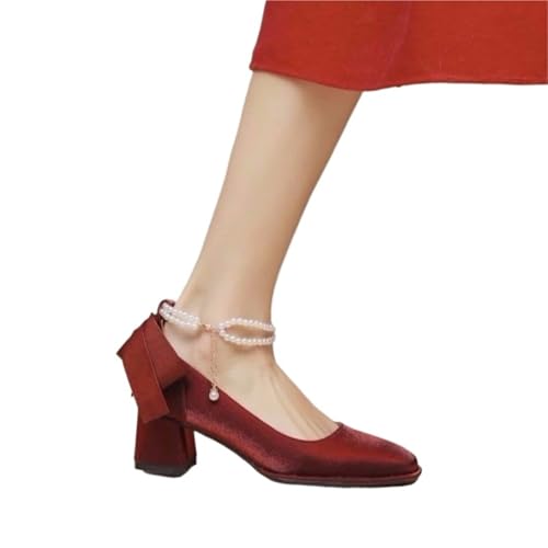 High Heels Damen Rote Schleife Perle Plattform Heels for Frauen Chunky Hochzeit Schuhe Wasserdicht(Red,37) von UJEDFHV