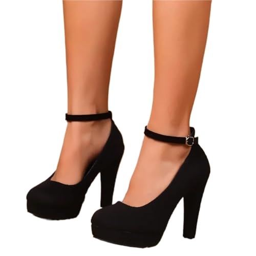 High Heels Damen Super High Heels Schuhe for Frauen Knöchelschnalle Chunky Plateau Pumps Frau Black Flock Square Heel Party Schuhe(38) von UJEDFHV