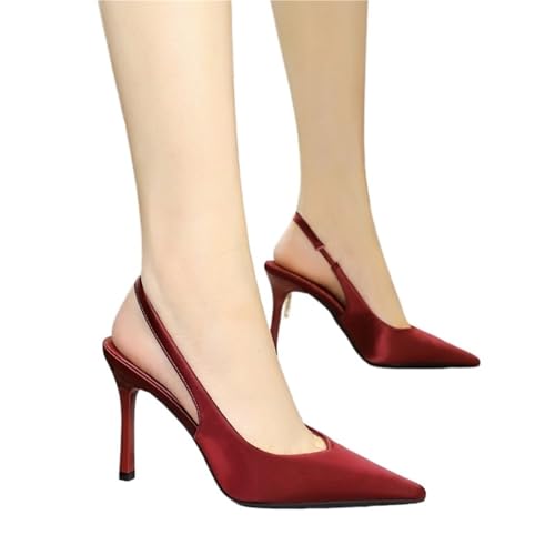 High Heels Damen Version von einfachen Bankett High Heels dünne Absätze Satin Hohl Plain Back Stolpern Spitze Zehen Damenschuhe elegant(3526 Wine Red,37) von UJEDFHV